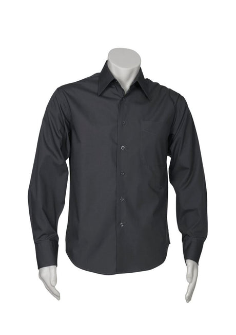 Men's Charcoal Metro Long Sleeve Shirt in XL by Biz Collection, featuring a tapered fit, UPF protection, and left chest pocket.