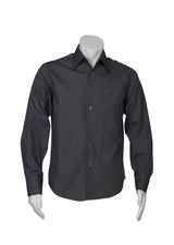 Men's charcoal long sleeve shirt from Biz Collection, featuring a modern fit, tapered design, and a practical chest pocket.