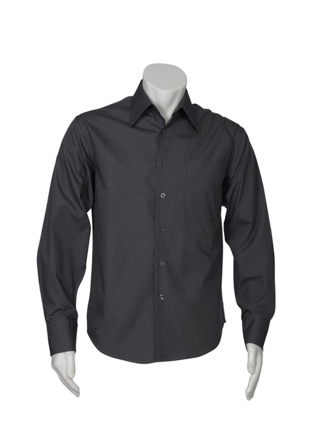 Men's charcoal long sleeve shirt from Biz Collection, featuring a modern fit, tapered design, and a practical chest pocket.