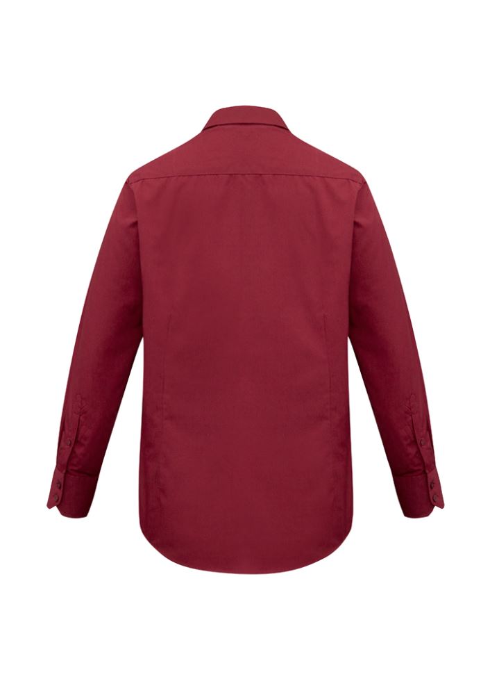 Men's cherry long sleeve shirt with tapered fit, curved hem, and chest pocket, ideal for both office and casual wear.