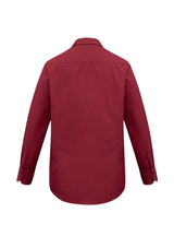 Men's cherry long sleeve shirt with tapered fit, curved hem, and chest pocket, ideal for both office and casual wear.