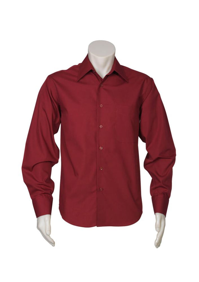 Men's Metro Long Sleeve Shirt in Cherry, Size M, featuring a tapered fit, curved hem, and left chest pocket for stylish comfort.