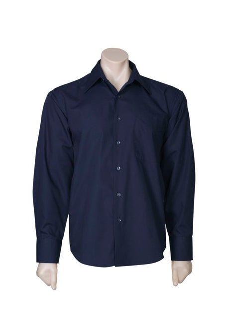 Navy long sleeve shirt for men, featuring a tapered fit, curved hem, and a left chest pocket for added style and functionality.