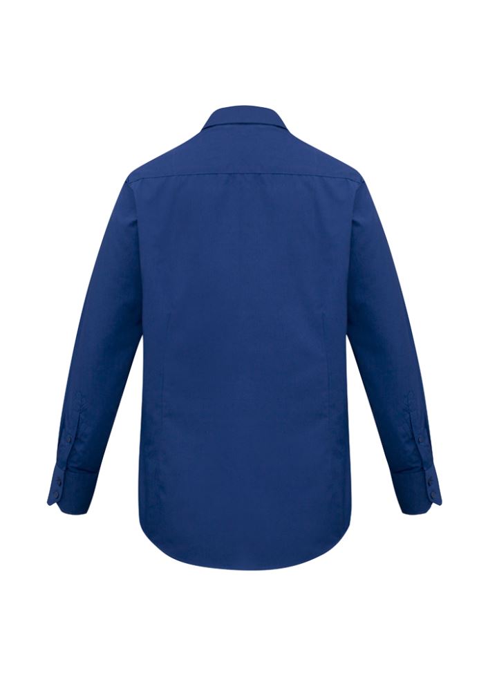 Men's Royal Blue Metro Long Sleeve Shirt in 2XL, featuring a tapered fit, curved hem, UPF protection, and chest pocket.