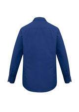 Men's Royal Blue Metro Long Sleeve Shirt in 2XL, featuring a tapered fit, curved hem, UPF protection, and chest pocket.