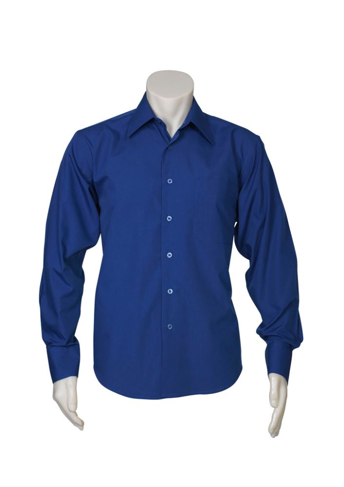 Men's Metro Long Sleeve Shirt in royal blue, size 3XL, featuring a tapered fit, UPF protection, and stylish curved hem.