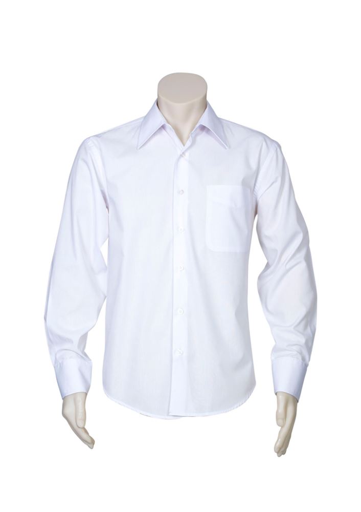 Mens Metro Long Sleeve Shirt in white, size 3XL, featuring a tapered fit, curved hem, UPF protection, and chest pocket.