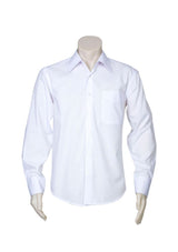 Mens Metro Long Sleeve Shirt in white, size 3XL, featuring a tapered fit, curved hem, UPF protection, and chest pocket.