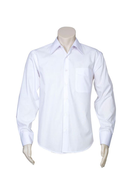 Mens Metro Long Sleeve Shirt in white, size 3XL, featuring a tapered fit, curved hem, UPF protection, and chest pocket.