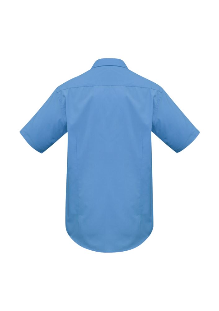 Men's Metro Short Sleeve Shirt in Mid Blue, tailored fit, breathable Poplin fabric, with UPF sun protection and a left chest pocket.