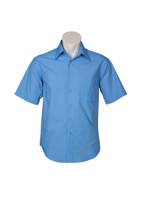 Men's Metro Short Sleeve Shirt in Mid Blue, tailored fit, UPF protection, soft Poplin fabric, standard collar, left chest pocket.