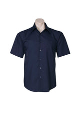 Men's navy short sleeve shirt with tapered fit, UPF protection, curved hem, and chest pocket from Biz Collection. Size S.