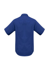 Men's Royal Blue 3XL Short Sleeve Shirt by Biz Collection, featuring tapered fit, curved hem, standard collar, and left pocket.
