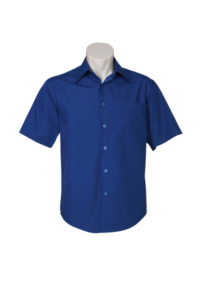 Men's Metro Short Sleeve Shirt in royal blue, size S, featuring a tapered fit, curved hem, and left chest pocket for convenience.