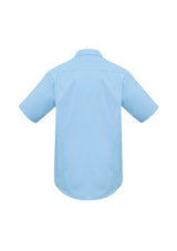 Light blue short sleeve men's shirt with a tapered fit, curved hem, chest pocket, and stylish UPF protection from Biz Collection.