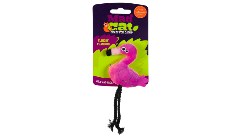 Vibrant 15.9 cm flamingo cat toy filled with potent catnip and silvervine for engaging play and enhanced hunting instincts.