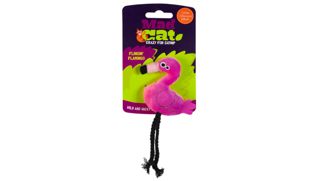 Vibrant 15.9 cm flamingo cat toy filled with potent catnip and silvervine for engaging play and enhanced hunting instincts.