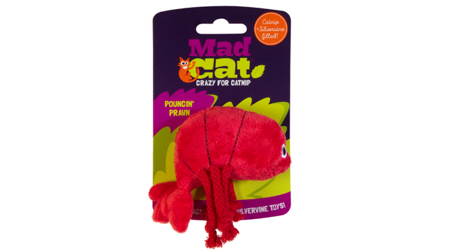 Brightly colored prawn cat toy filled with catnip and silvervine, designed to engage and entertain playful felines.