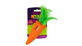 Colorful carrot-shaped cat toy (21.7cm) filled with catnip and silvervine, promoting active play and stimulation for cats.