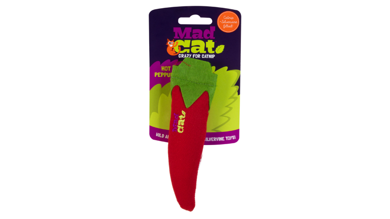 "Mad Cat Hot Peppurr cat toy, 22.4cm long, filled with catnip and silvervine for engaging feline playtime."