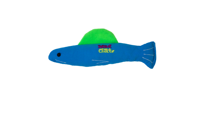 Mad Cat Fish Frenzy toy, 17.4cm long, fish-shaped, filled with catnip and silvervine for interactive feline play.