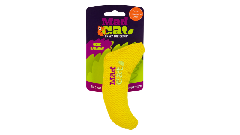 Colorful Mad Cat Gone Bananas cat toy, 21.6cm tall, filled with catnip and silvervine to engage playful felines.