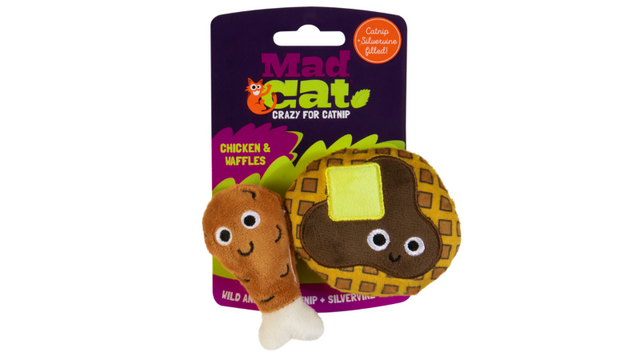 Colorful Mad Cat Chicken & Waffles cat toys, infused with catnip and silvervine, measuring 16.4cm for engaging play.