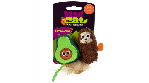 Cat toy set featuring sloth and avocado designs, infused with catnip, silvervine, and squeak sounds for playful engagement.