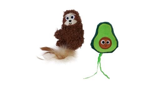 Playful cat toys featuring a sloth and avocado, filled with catnip, silvervine, and squeakers for engaging feline fun.