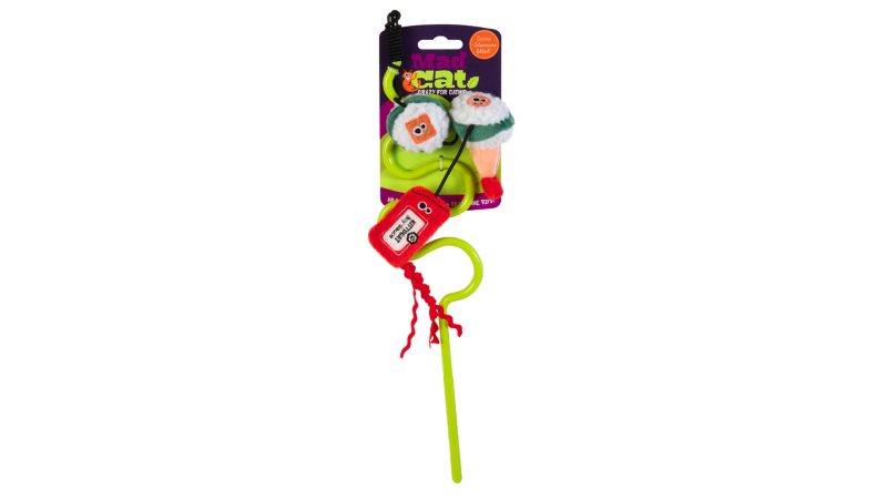 Colorful cat toy wand with sushi characters, 41.3cm long, filled with catnip and silvervine for energetic play.