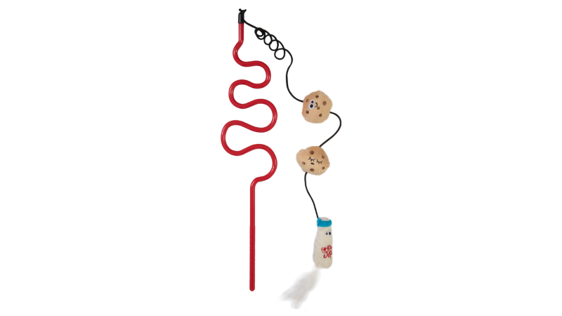 Interactive cat toy wand featuring a Milk N' Cookies design, infused with catnip and silvervine for endless feline fun.