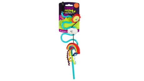 Colorful 41.4cm cat wand toy with rainbow characters, infused with catnip and silvervine for engaging playtime fun.