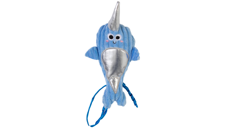 Colorful narwhal-shaped cat kicker toy filled with catnip, perfect for engaging feline play and instinctual bunny kicks.