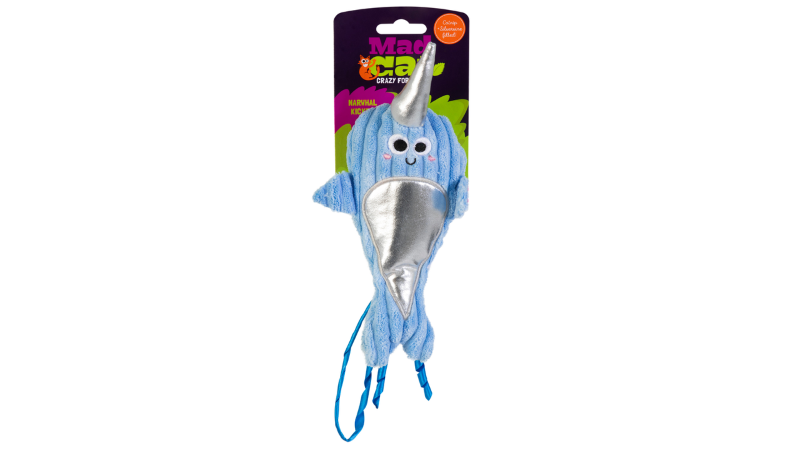 Whimsical narwhal-shaped cat kicker toy filled with catnip, ideal for playful kicks and cuddles, measuring 25.1cm.