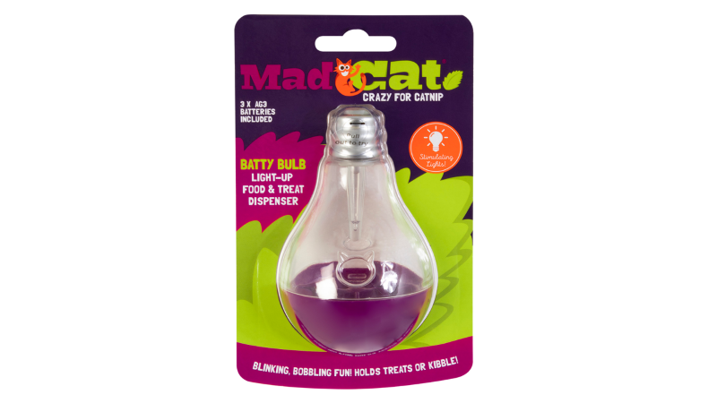 Mad Cat Batty Bulb toy for cats, 17cm tall with a tumbler design, treats display, and LED light for endless playtime fun.