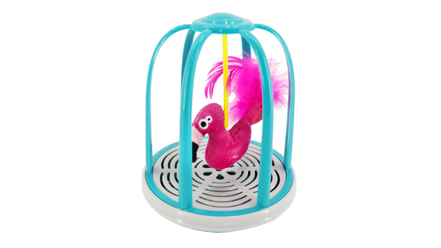 Electronic cat toy featuring a bouncing bird and wobbling base, designed to engage your cat's hunting instincts.