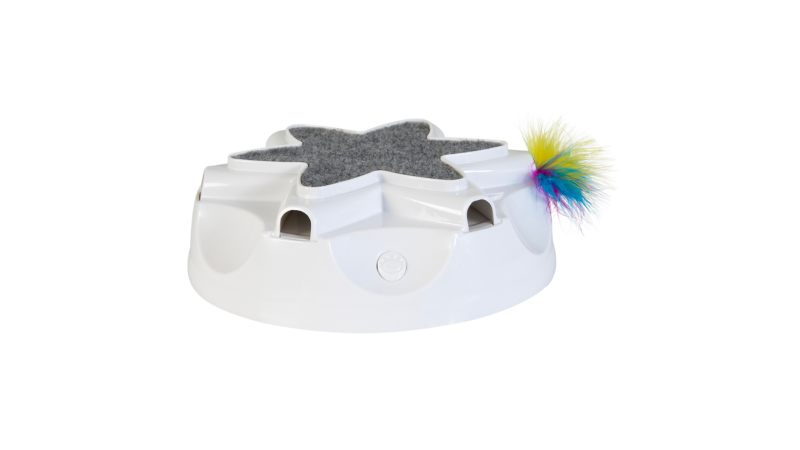 Interactive Mad Cat Catty Whack toy with rotating feather and mouse sounds, perfect for engaging cats in play.