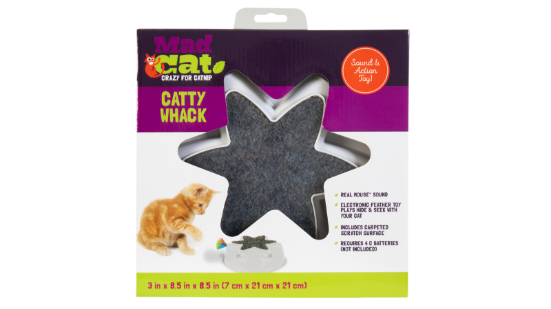 Interactive cat toy featuring a rotating feather and mouse sounds, designed for stimulating play and mental enrichment.