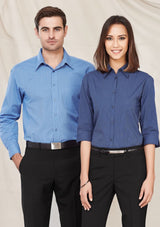 Men's Mid Blue Micro Check Long Sleeve Shirt in size 5XL, featuring a standard collar and easy-iron yarn-dyed fabric.
