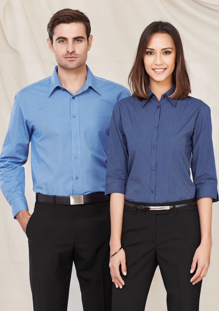 Men's Micro Check Long Sleeve Shirt in Sky, featuring a classic collar, chest pocket, and comfortable fit, perfect for business wear.