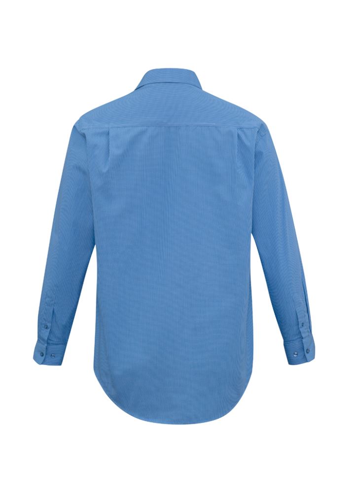 Men's Micro Check Long Sleeve Shirt in Mid Blue, size S, featuring easy-iron fabric, classic collar, and left chest pocket.