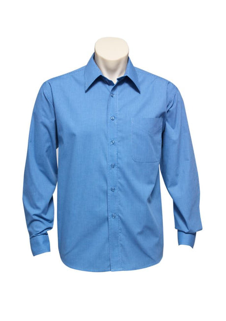 Men's mid blue micro check long sleeve shirt in size 5XL, featuring a standard collar and left chest pocket for comfort and style.