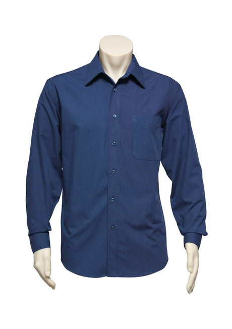 Navy long sleeve men's shirt with micro check pattern, standard collar, and left chest pocket, size M by Biz Collection.
