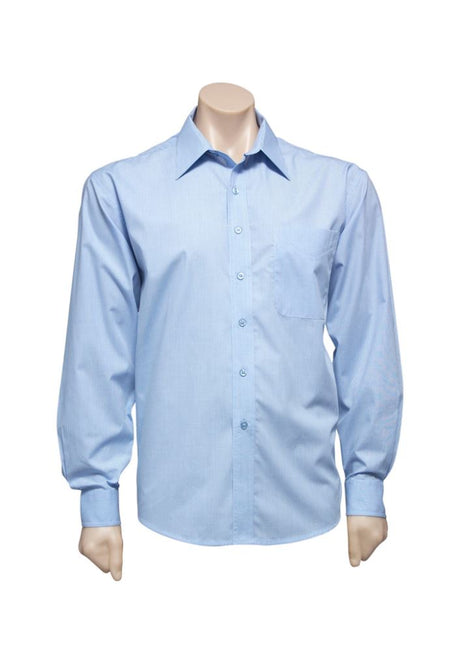 Men's Micro Check Long Sleeve Shirt in Sky, size L, featuring a standard collar, left pocket, and comfortable yarn-dyed fabric.