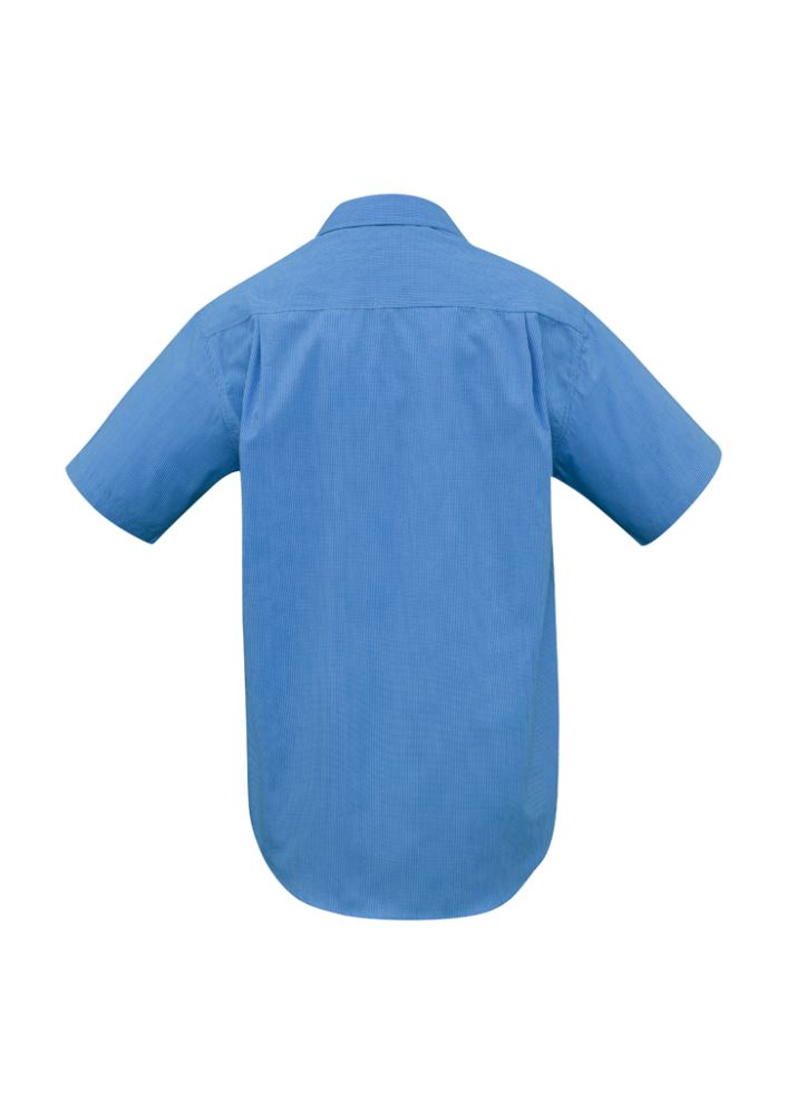Men's Mid Blue Micro Check Short Sleeve Shirt, 5XL, with standard collar, chest pocket, and easy-care fabric.