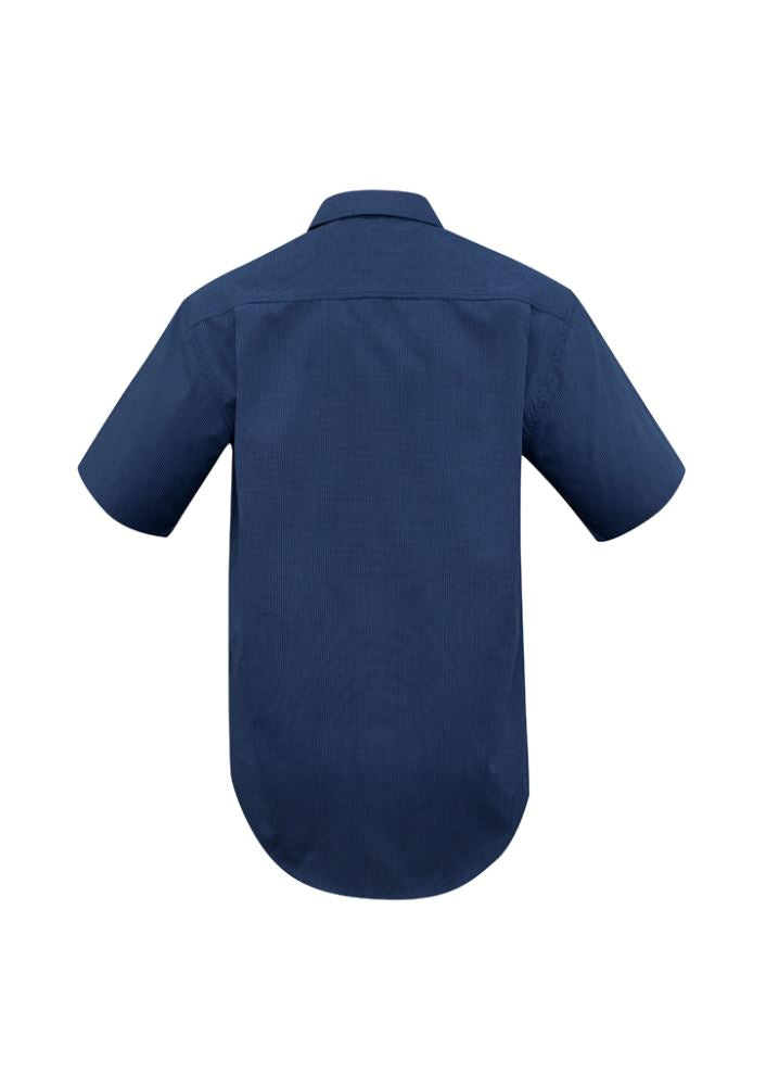 Navy short sleeve men's micro check shirt with standard collar, chest pocket, and modern fit for casual or business wear.