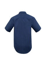 Navy short sleeve men's micro check shirt with standard collar, chest pocket, and modern fit for casual or business wear.