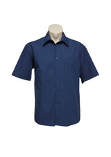 Navy micro check short sleeve shirt for men in size 2XL, featuring a standard collar and left chest pocket for versatile style.