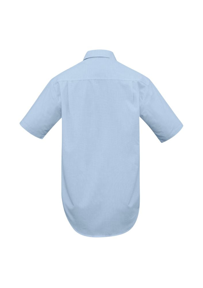 Men's sky micro check short sleeve shirt, featuring a standard collar, chest pocket, and easy-iron fabric; size M, Biz Collection.