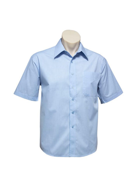 Men's Sky Micro Check Short Sleeve Shirt in XL, featuring a standard collar, chest pocket, and breathable fabric for comfort.
